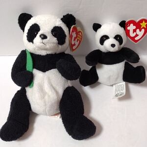 TY Beanie Baby MANCHU The Panda Bear 7" and Ming Teenie Beanie Panda 3" Set of 2